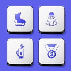 Set Skates, Badminton shuttlecock, Golf bag with clubs and Medal icon. White square button. Vector