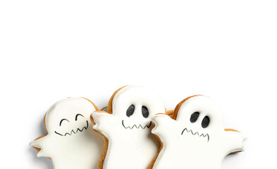 Halloween ghost cookies on white background