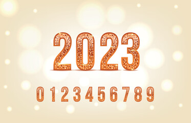 2023 copper or bronze numbers set. Vector bronze number. Beautiful metal design for decoration. Symbol elegance royal graphic, fashion signs.