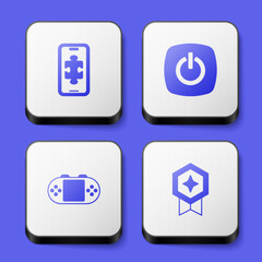 Set Mobile gaming, Power button, Portable video game console and Game rating with medal icon. White square button. Vector