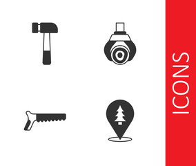 Set Location of the forest, Hammer, Hand saw and Grapple crane grabbed log icon. Vector