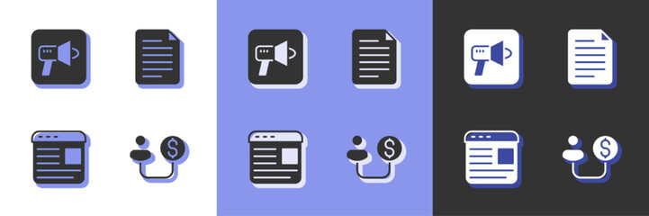 Set Human and money, Megaphone, Advertising and File document icon. Vector