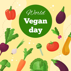 Vector square template banner World Vegan Day. Greeting card illustration with vegetable of organic food and healthy diet. Flyer for event and social media