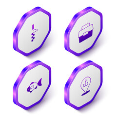Set Isometric Hand ice drill, Case or box for fishing, Fish and Fishing hook icon. Purple hexagon button. Vector
