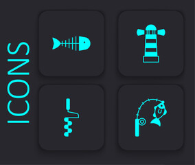 Set Fishing rod and fish, skeleton, Lighthouse and Hand ice drill icon. Black square button. Vector