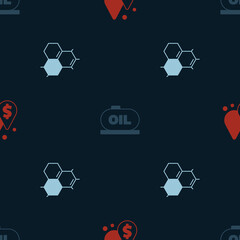 Set Oil drop with dollar symbol, tank storage and Molecule oil on seamless pattern. Vector