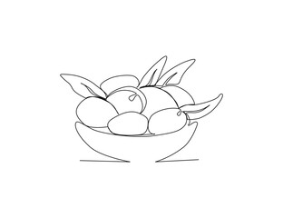 Continuous one line drawing of fresh olives on the bowl. Olives line art drawing vector illustration.