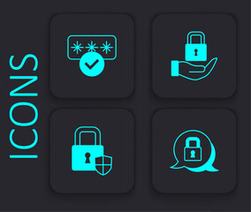 Set Lock, Password protection, and Shield security with lock icon. Black square button. Vector