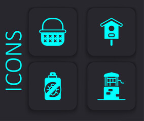 Set Well, Wicker basket, Bird house and Spray against insects icon. Black square button. Vector