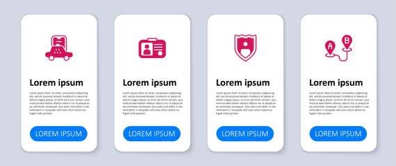 Set Route location, Life insurance with shield, Taxi driver license and mobile app. Business infographic template. Vector