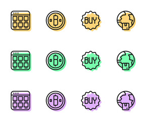 Set line Buy button, Online shopping screen, Cryptocurrency coin Bitcoin and Worldwide shipping icon. Vector