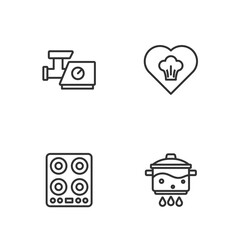 Set line Cooking pot on fire, Gas stove, Kitchen meat grinder and Chef hat icon. Vector