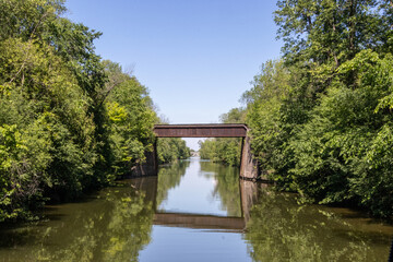 A bridge over the Trent Severn Waterway on a calm day in Ontario, Canada