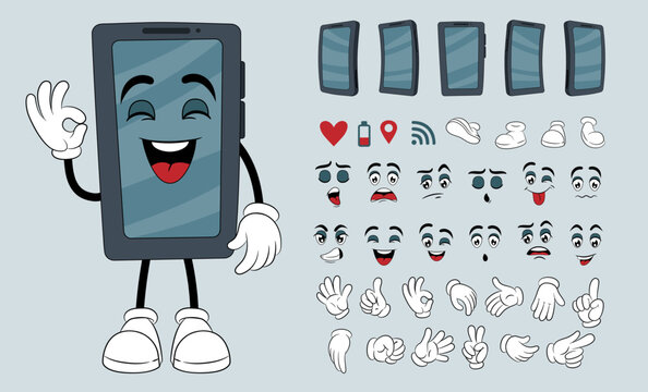 Hand phone characters creation. Mobile mascot constructor kit. Face expressions and arm gestures. Comic smartphone in funny pose. Digital tablet. Cellphone screens. Vector cartoon set