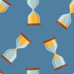 Hourglass, sand clock, time pattern. Glass clocks texture, cartoon sandglass. Hour measure instrument. Decor textile, wrapping paper, wallpaper design. Vector seamless background