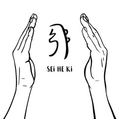 Reiki symbol. A sacred sign SEI HE KI. A hand holds Reiki SEI HE KI sign on white background. Alternative medicine.