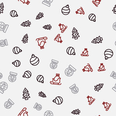 Set line Christmas ball, tree, snow globe and santa claus sleigh on seamless pattern. Vector