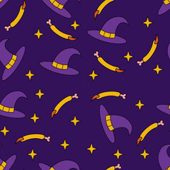 Halloween retro seamless pattern with witch hats and fingers.  Psychedelic halloween seamless dark background