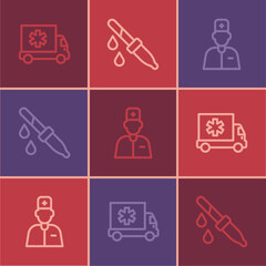 Set line Ambulance car, Male doctor and Pipette icon. Vector