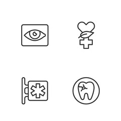 Set line Tooth with caries, Emergency - Star of Life, Red eye effect and Ethnoscience icon. Vector