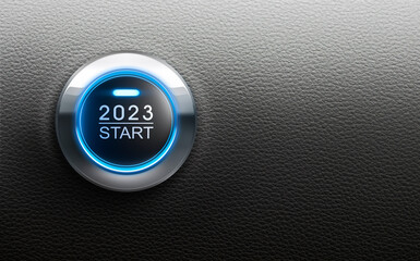 Blue illuminated start button year 2023 - 3D illustration - obrazy, fototapety, plakaty