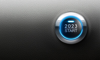 Fototapeta Blue illuminated start button year 2023 - 3D illustration obraz