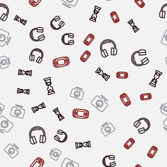 Set line Old hourglass, Headphones, Power button and Portable video game console on seamless pattern. Vector