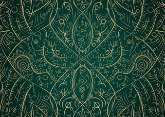 Hand-drawn unique abstract gold ornament on a dark green cold background, with vignette of darker background color. Paper texture. Digital artwork, A4. (pattern: p08-2a)