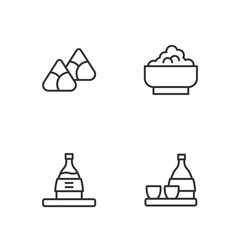 Set line Bottle of sake, Zongzi in bamboo steamer and Rice bowl icon. Vector