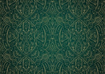 Hand-drawn unique abstract gold ornament on a dark green cold background, with vignette of darker background color. Paper texture. Digital artwork, A4. (pattern: p08-2b)