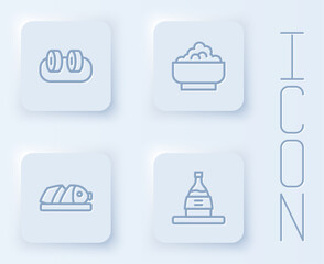 Set line Sushi, Rice in a bowl, Fish with sliced pieces and Bottle of sake. White square button. Vector