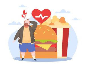Problems overweight people, unhealthy diet. Fat man with huge hamburger and popcorn in basket, fastfood eating, Obese women with diabetes, bad eating habits. Vector cartoon flat concept