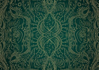 Hand-drawn unique abstract gold ornament on a dark green cold background, with vignette of darker background color. Paper texture. Digital artwork, A4. (pattern: p09a)