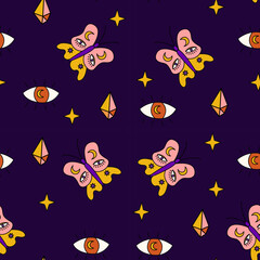 Halloween butterflies seamless pattern. Creepy and scary background. Retro doodle halloween background. 