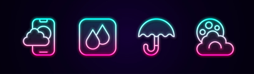 Set line Weather forecast app, Water drop, Umbrella and Cloud with moon. Glowing neon icon. Vector