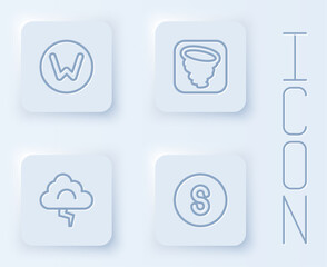 Set line Compass north, Tornado, Cloud and lightning and south. White square button. Vector