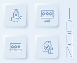 Set line Lock, Monitor with password, Laptop and House under protection. White square button. Vector