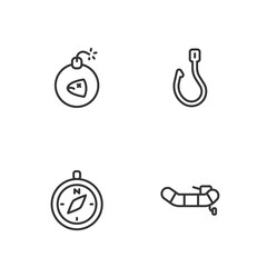 Fototapeta premium Set line Inflatable boat with motor, Compass, Bomb and Fishing hook icon. Vector