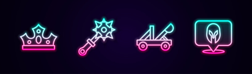 Set line King crown, Mace with spikes, Medieval catapult and helmet. Glowing neon icon. Vector