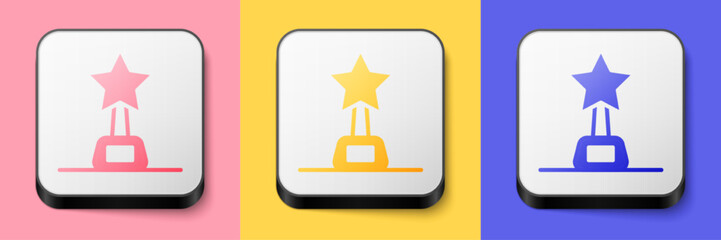 Isometric Movie trophy icon isolated on pink, yellow and blue background. Academy award icon. Films and cinema symbol. Square button. Vector