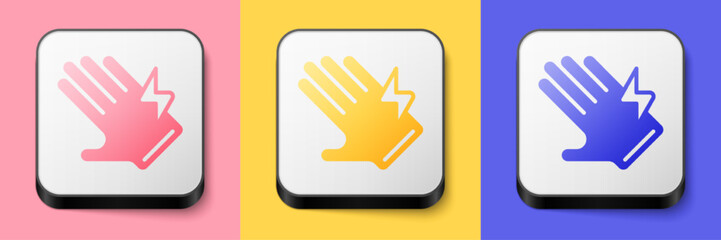 Isometric Electric glove icon isolated on pink, yellow and blue background. Safety gloves, hand protection. Square button. Vector