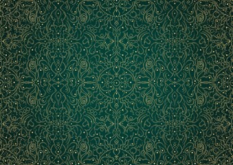 Hand-drawn unique gold ornament on a dark green cold background, with vignette of darker background color and splatters of golden glitter. Paper texture. Digital artwork, A4. (pattern: p07-2b)