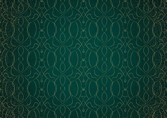 Hand-drawn unique gold ornament on a dark green cold background, with vignette of darker background color and splatters of golden glitter. Paper texture. Digital artwork, A4. (pattern: p08-1c)