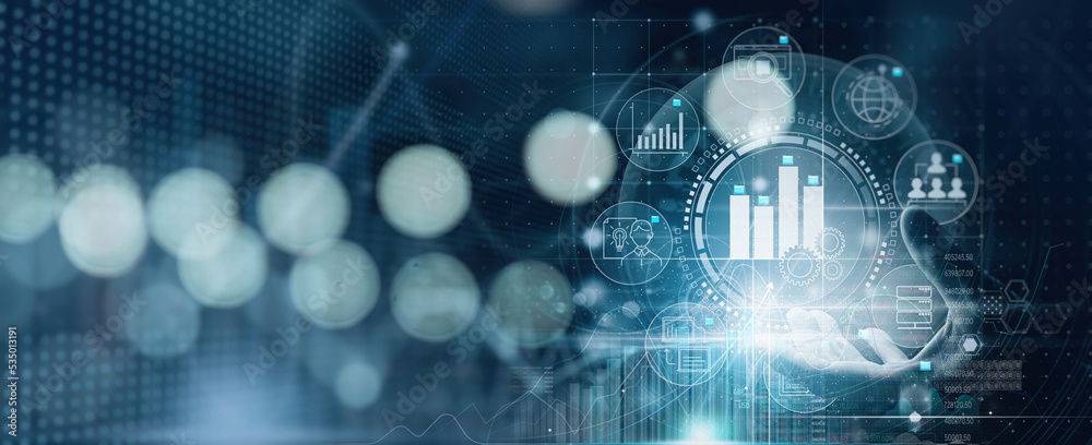 Poster business hand worker holding business analytics big data analysis technology future concept on vr sc