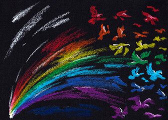 Abstract rainbow transformed to flying colorful birds. Hand drawn oil pastel on black paper texture. Raster bitmap image