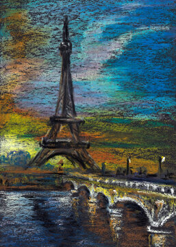 Eiffel Tower and bridge in Paris against the background of a bright sunset sky. Hand drawn oil pastel on black paper. Raster