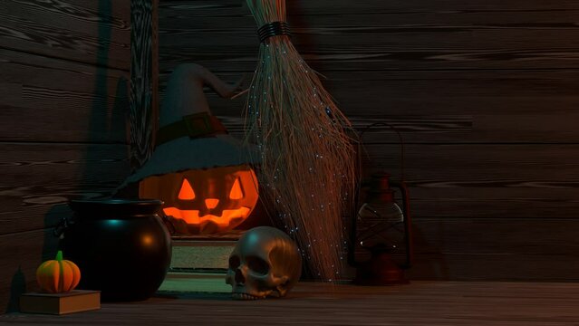 A dark larder of the witch with different magic things including a cauldron, a broom, books 3D 4K Halloween animation with copy space