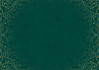 Dark cold green textured paper with vignette of golden hand-drawn pattern. Copy space. Digital artwork, A4. (pattern: p07-2a)