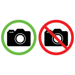camera icon in crossed out red circle and photo camera in green circle,no photography prohibition sign and photos  allowed vector flat illustration isolated on white background