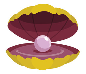 Pearl in seashell. Open seashels scallop and pearl shell icon. Beautiful pearl in clam shell in cartoon flat style. Vector illustration isolated on white background